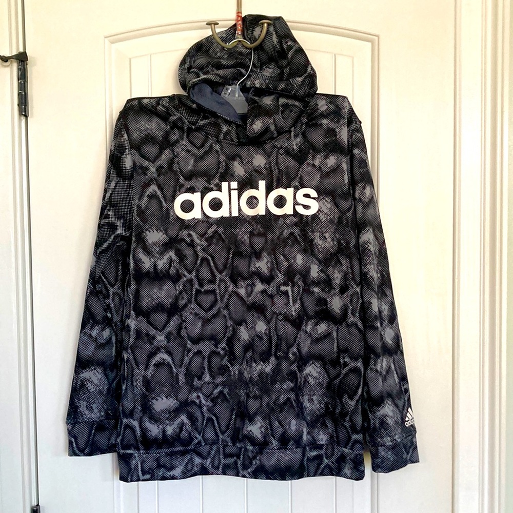 adidas hoodie sweatshirt coat black grey white leopard snake skin Sz L-G 14/16